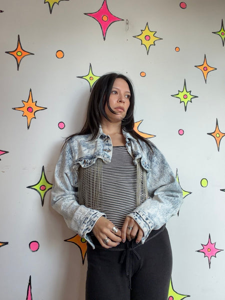 Acid Wash Cropped Denim Jacket | Y2K Bling Western Grunge Jean Jacket Small