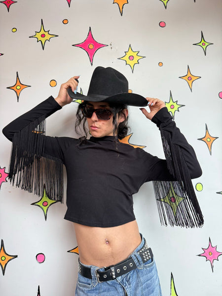Cowboycore Black Cropped Turtleneck w/ Fringe Goth Western Glam S/M