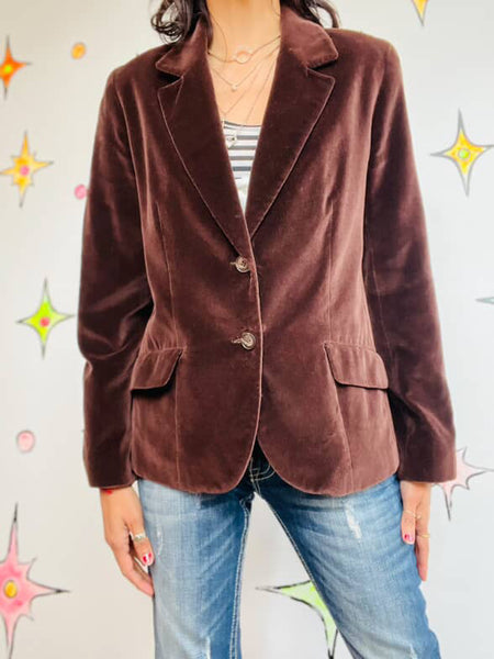 Vintage 70s Earthtone Chocolate Brown Velvet Blazer Jacket | Retro | Size 8