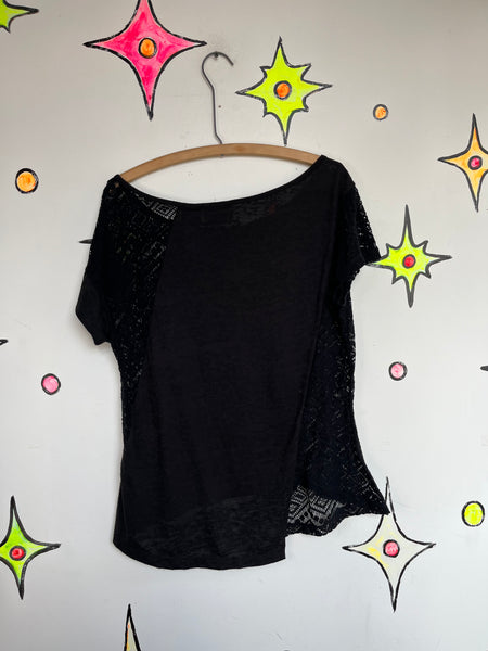 Vintage 90s Grunge Boho Harley Davidson Lace Trim Asymmetrical Sheer Top Tee XL