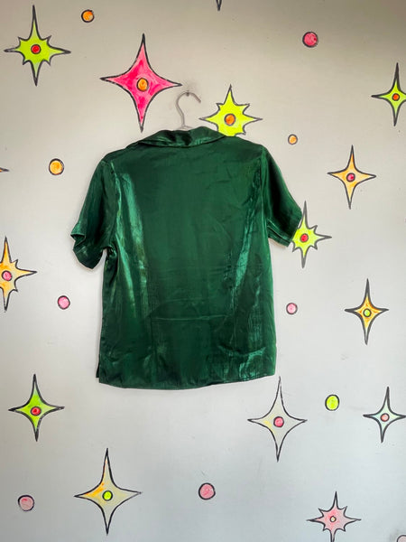 Emerald Metallic Button Up Shirt - 90s Vintage Fairy Grunge Cyber Party Top M/L