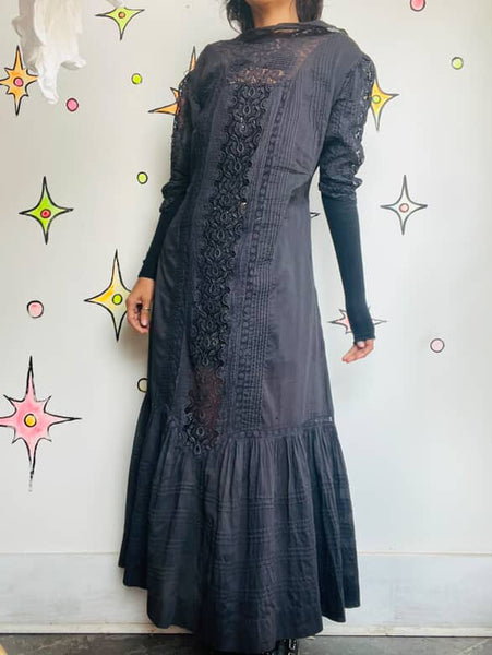 Antique Cotton Lingerie Dress - Late 1900s – Early 1910s Black Lace Goth