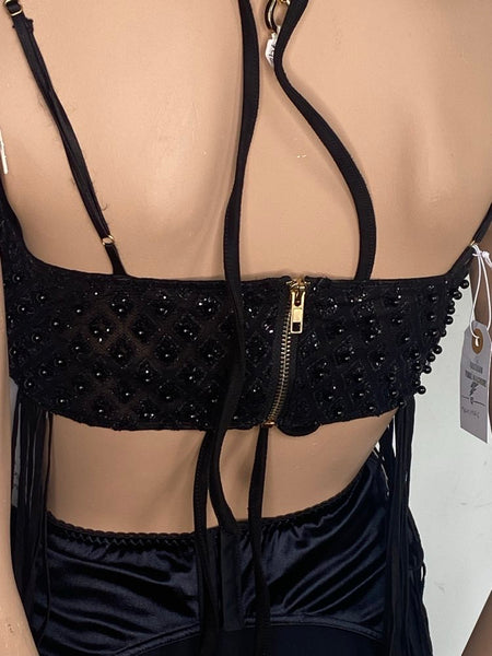 Black Beaded Cropped Bralette Bustier Top Sparkly Layering Piece Goth Glam S