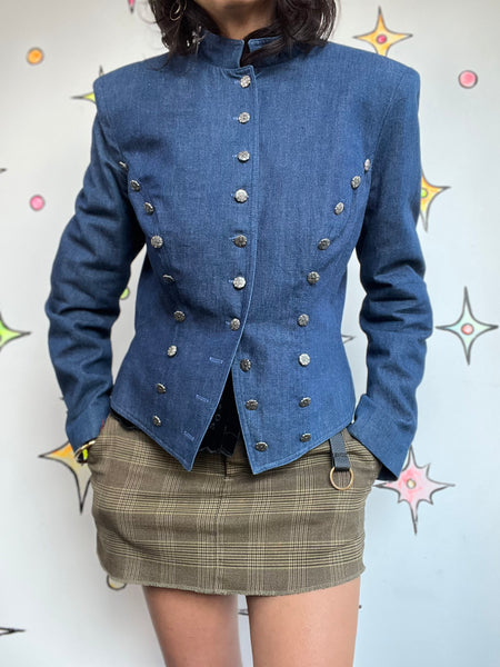 Vintage 90s / Y2K Blue Denim Military Boho Grunge Western Steampunk Jacket | S