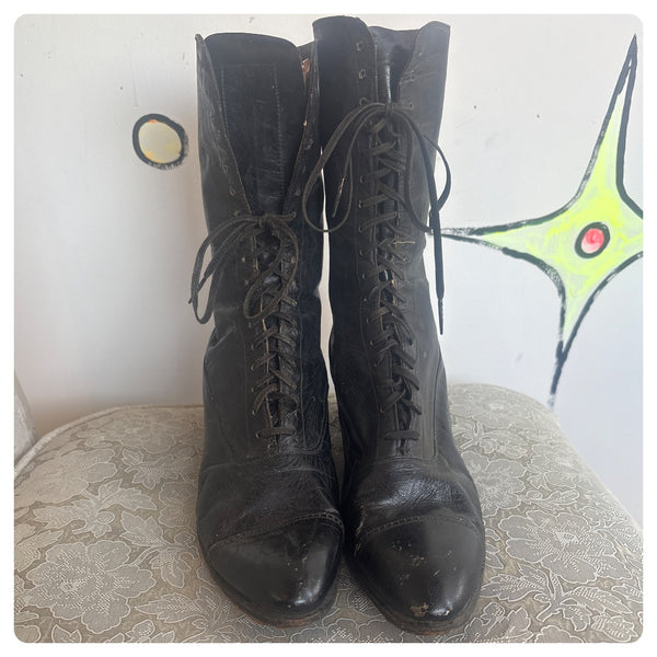 Antique Edwardian Black Leather Boots – Early 1900s Victorian US Womens 5.5–6