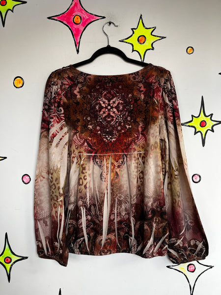 Vintage Y2K Affliction-Style Boho Grunge Fairy Indie Sleaze Tattoo Print Top | L