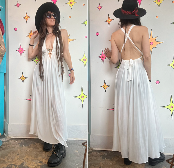 Y2K White Resort Maxi Dress Coastal Cowgirl Boho Cruise Goddess Dress Small