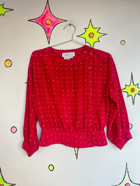 Vintage 80s Pink Rainbow Polka Dot Hearts Blouse | Academia Office Charm Top | S