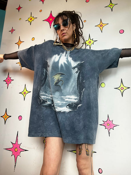 Mountain Dragon T-Shirt Dress Fantasy Graphic Tee Oversized Dragon Nightgown
