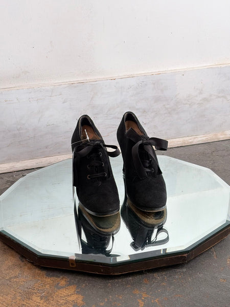 Vintage Yves Saint Laurent Black Suede Pumps 90s Victorian Heels Paris Chic 5.5
