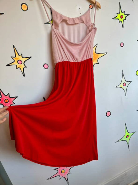 Retro 70s Pink & Red Terry Cloth Midi Dress – Soft Lounge Boho Resort Style S/M