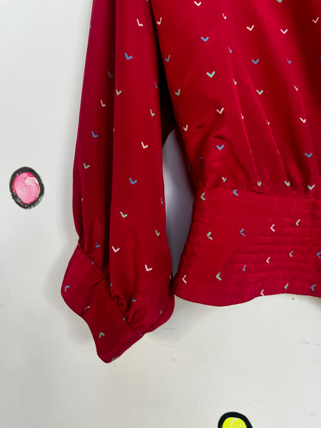 Vintage 80s Pink Rainbow Polka Dot Hearts Blouse | Academia Office Charm Top | S