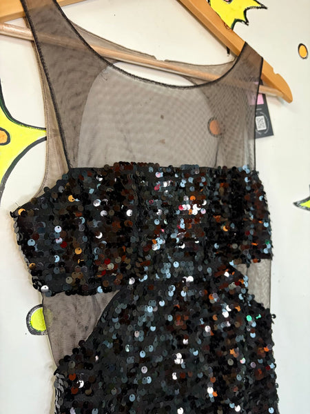 Black Beaded Mini Dress Sheer Cutout Cocktail Party Goth Glam Dress S