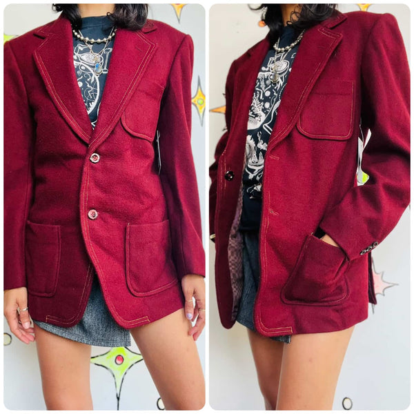 Vintage 70s | Men's Burgundy Wool Big Collar Blazer Jacket – Disco Mod Vibes - L
