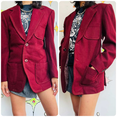 Vintage 70s | Men's Burgundy Wool Big Collar Blazer Jacket – Disco Mod Vibes - L