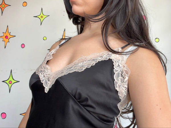 Vintage Black Satin Lace Slip Off White Lace Trim Romantic Goth Lingerie ML