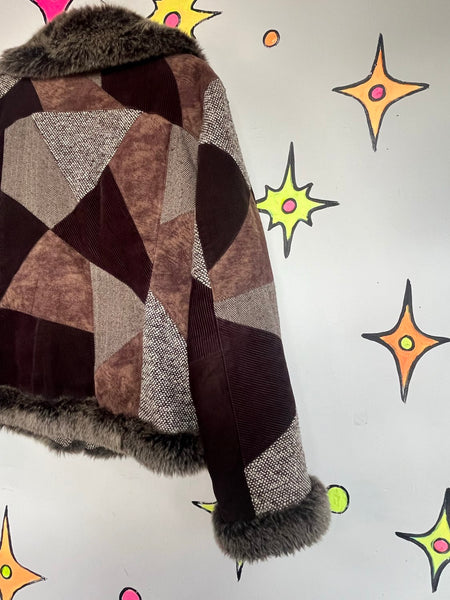 Y2K Penny Lane Faux Fur Patchwork Coat Boho Glam Western Festival Luxe L