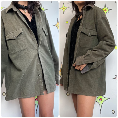 Vintage Military Green Soft Grunge Shirt Jacket Oversized Army Streetwear - M