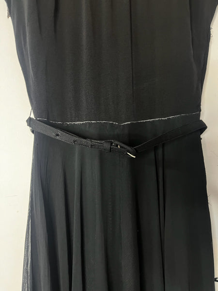 50s Fit & Flare Dress - Witchy Goth Pin-Up - Sheer Neckline - Black Cocktail - S