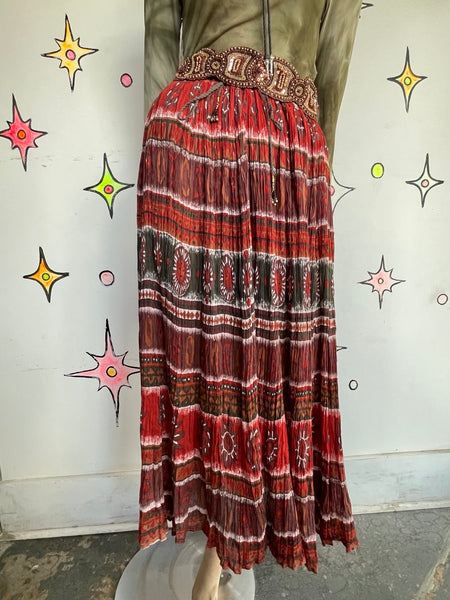 Vintage 80s 90s Red Western Boho Gauzy Flowy Maxi Skirt Global Coffeehouse