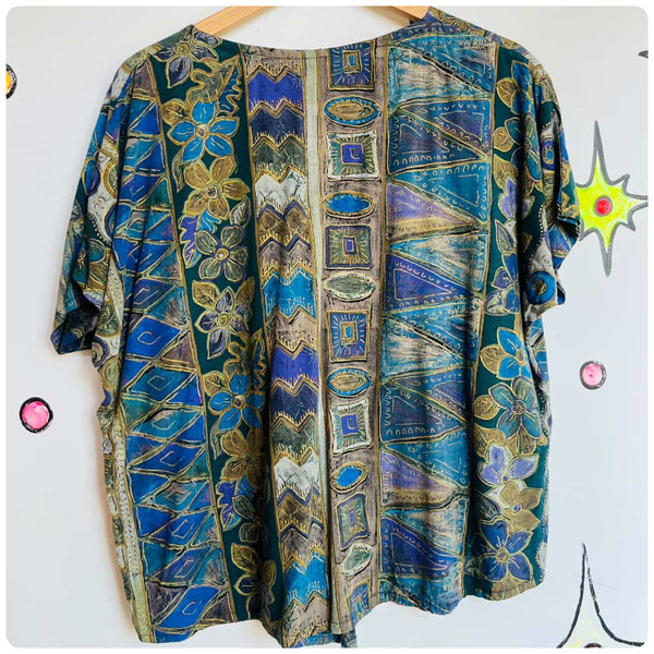 Vintage 90s Abstract Art Patterned Grunge Goth Blouse - Boho - Rayon - Oversized