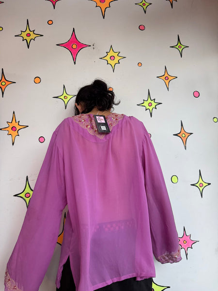Beaded Silk Blouse Purple Gold Boho Sheer Witchy Luxe Embellished Silk Top 2X