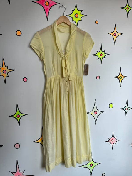 Vintage 1950s Pastel Yellow Fit & Flare Day Dress - Semi-Sheer - Size Small