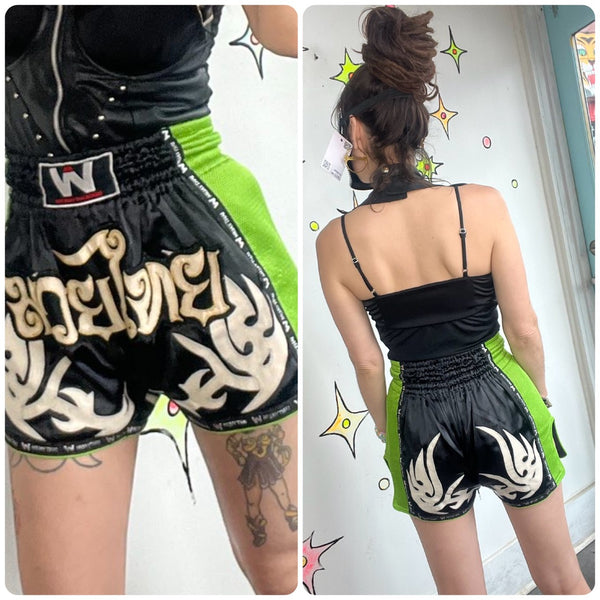 Y2K Indie Sleaze Muay Thai Boxing Shorts | Neon Green Emo Grunge Rave Sporty - S