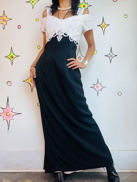 Vintage 90s Black & White Lace Dress – Victorian Formal – Scott McClintock – M
