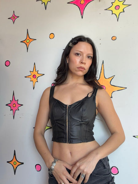 Y2K Vegan Leather Corset Top - Zip Front Punk Biker Goth Crop Top - Small