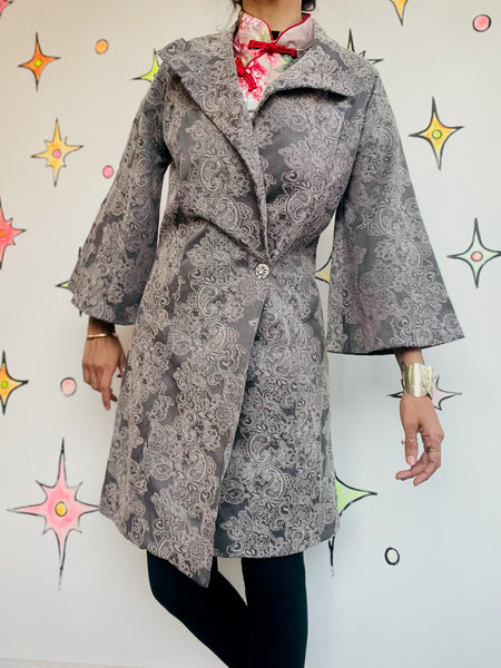 Y2K Silver Paisley Print Coat | Vamp Glam Goth Fairycore Romantic Medium - M