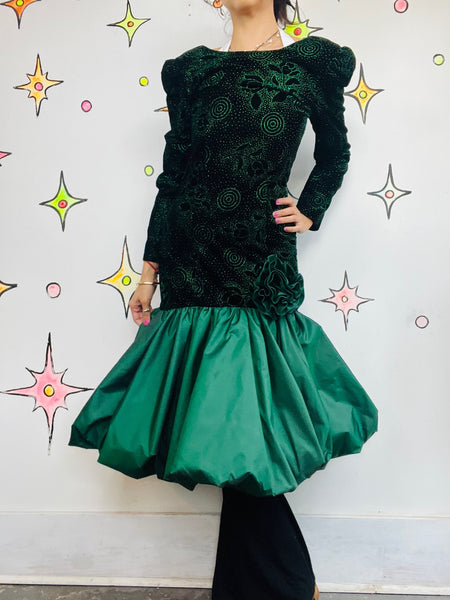 Vintage 80s Green & Black Glitter Prom Dress Poofy Bubble Hem Party Gown Size 4