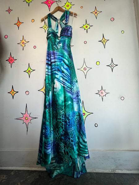 Y2K Betsy and Adam Teal Animal Print Formal Gown Prom Dress Size M/10