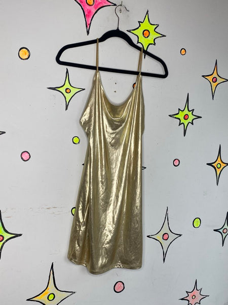 Y2K Gold Retro Metallic Mini Dress Disco / retro 80s Galactic Glam Party Dress L