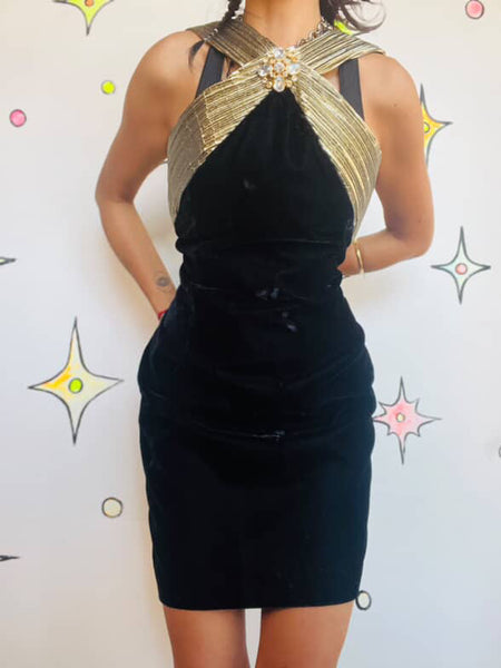 Vintage 80s 90s Black & Gold Velvet Party Mini Dress – Glam Goth – Sz 10 Petite