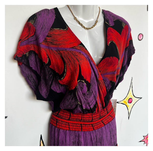 Vintage 90s | Red & Purple Abstract Flowy Mini Dress | Medium