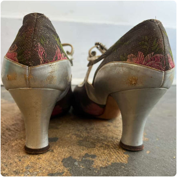 Antique 1920s Art Deco Floral Brocade Silver Lamé & Leather Mary Jane Heels – 6