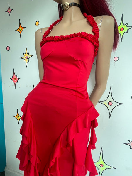 Cherry Red Frilly Asymmetrical Handkerchief Hem Dress Siren Glam Fairycore S