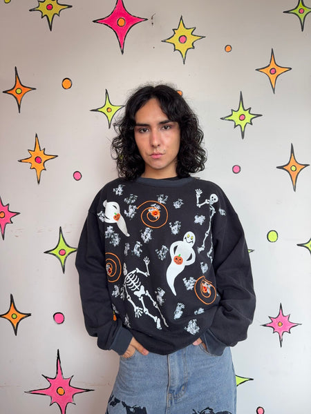 Vintage 80s Halloween Art Ugly Sweater Puffy Paint Sweatshirt Spooky Retro L/XL