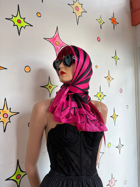 Vintage Y2K Victoria's Secret Hot Pink & Black Striped Silk Scarf Luxe Glam