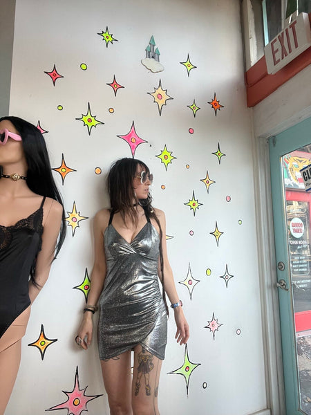 Y2K Silver Mini Slip Dress 70s Disco Metallic Future Disco Space Age Party S