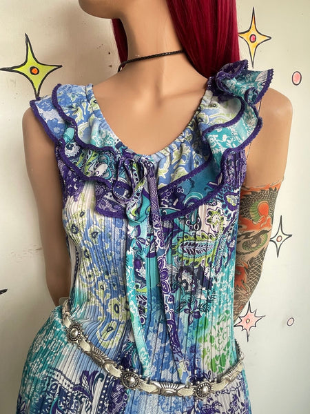 Turquoise Purple Pleated Ruffled Floral Paisley Tattoo Print Whimsy Fairy Top L