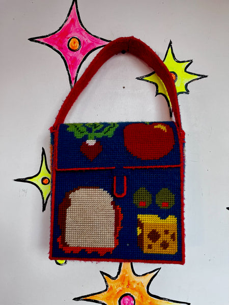 Vintage Kitschy Lunch Bag Purse – Cross-Stitch Sandwich – Handmade Picnic Bag