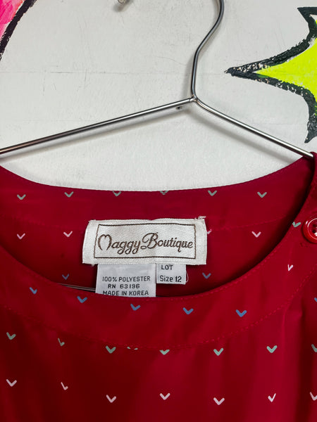 Vintage 80s Pink Rainbow Polka Dot Hearts Blouse | Academia Office Charm Top | S