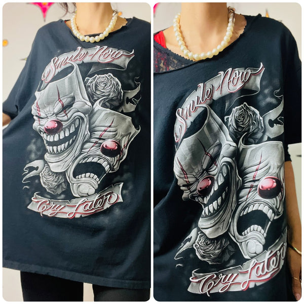 Y2K Tattoo Print Goth Grunge Clowncore Clown Mask Horror Thrashed Tee T Shirt - XL