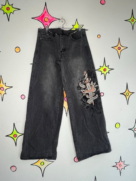 Ed Hardy Low Rise Wide Leg Jeans Tattoo Print Embellished Distressed Denim S