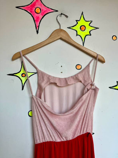 Retro 70s Pink & Red Terry Cloth Midi Dress – Soft Lounge Boho Resort Style S/M