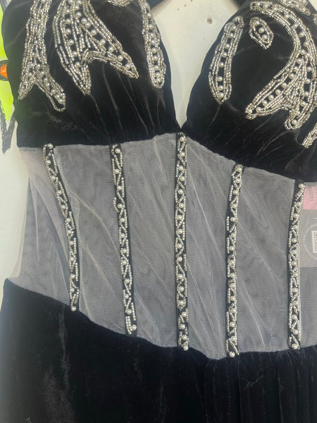 Black Velvet Beaded Gown Sheer Cutout Gothic Formal Dress with Train Size M