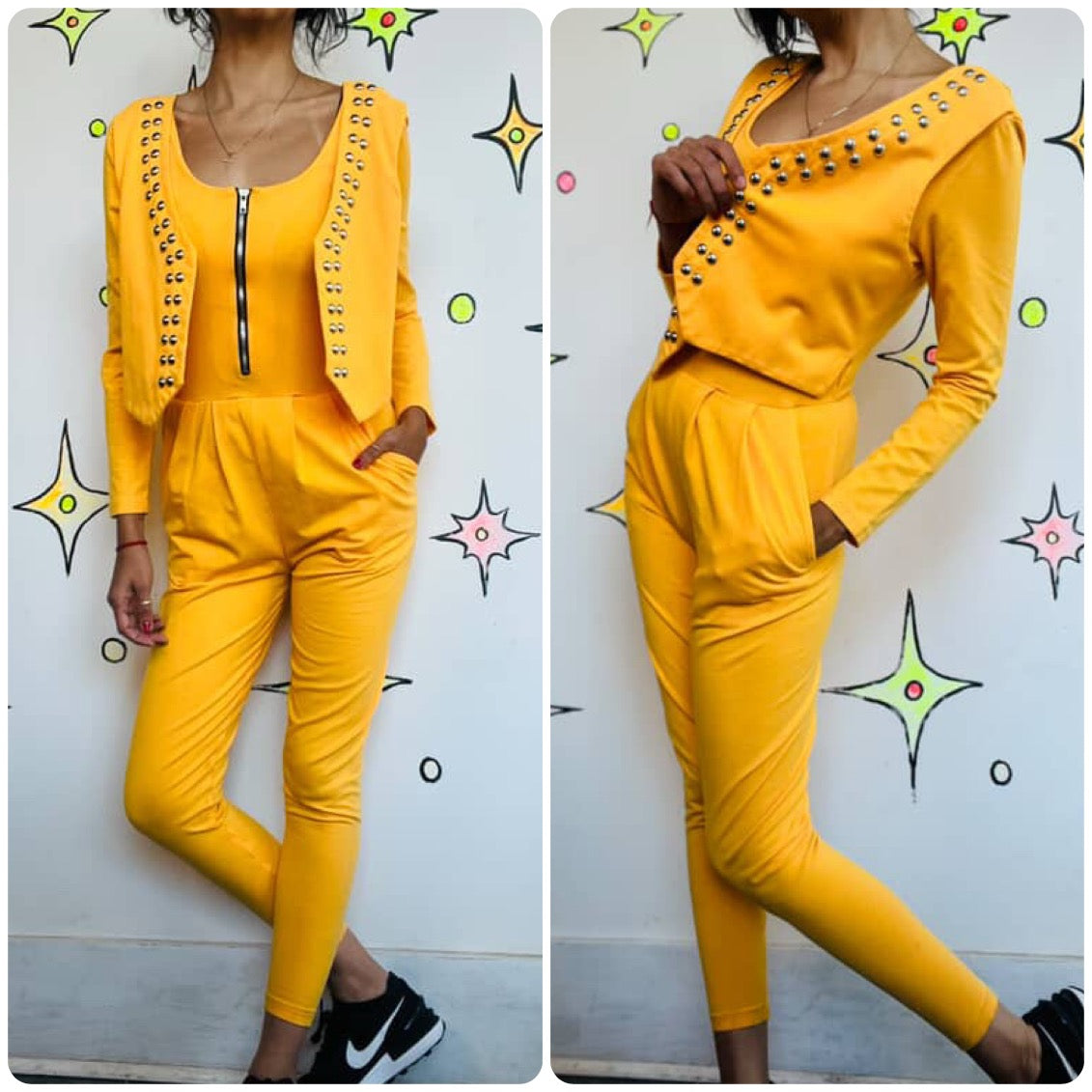 Vintage 80s Bright Yellow Studded Zip-Up Jumpsuit | One Piece Party Outfit | M
