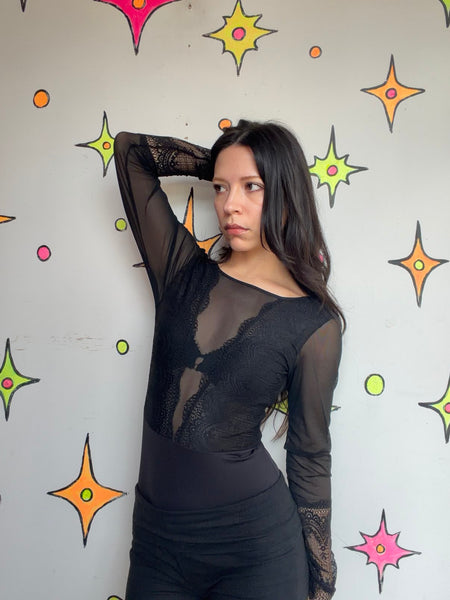 Vintage Sheer Black Lace Bodysuit Gothic Romantic Lingerie Goth Grunge S